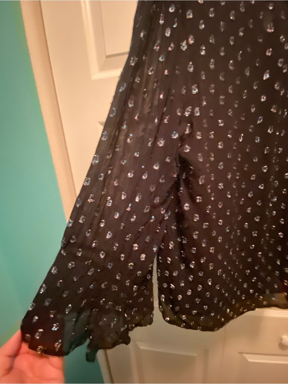 LOFT  Black Peasant Long Sleeve Blouse with metallic color dots Size Large - Picture 8 of 11